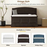 Dark brown wooden bench with cushion, shown in three color options: white, espresso, and antique navy.