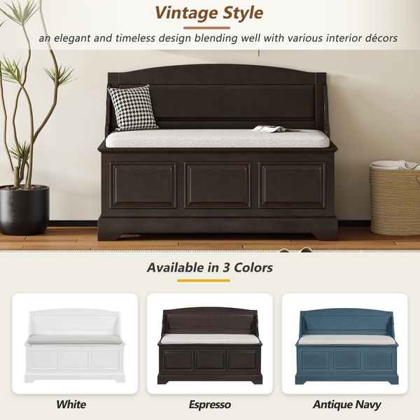 Dark brown wooden bench with cushion, shown in three color options: white, espresso, and antique navy.