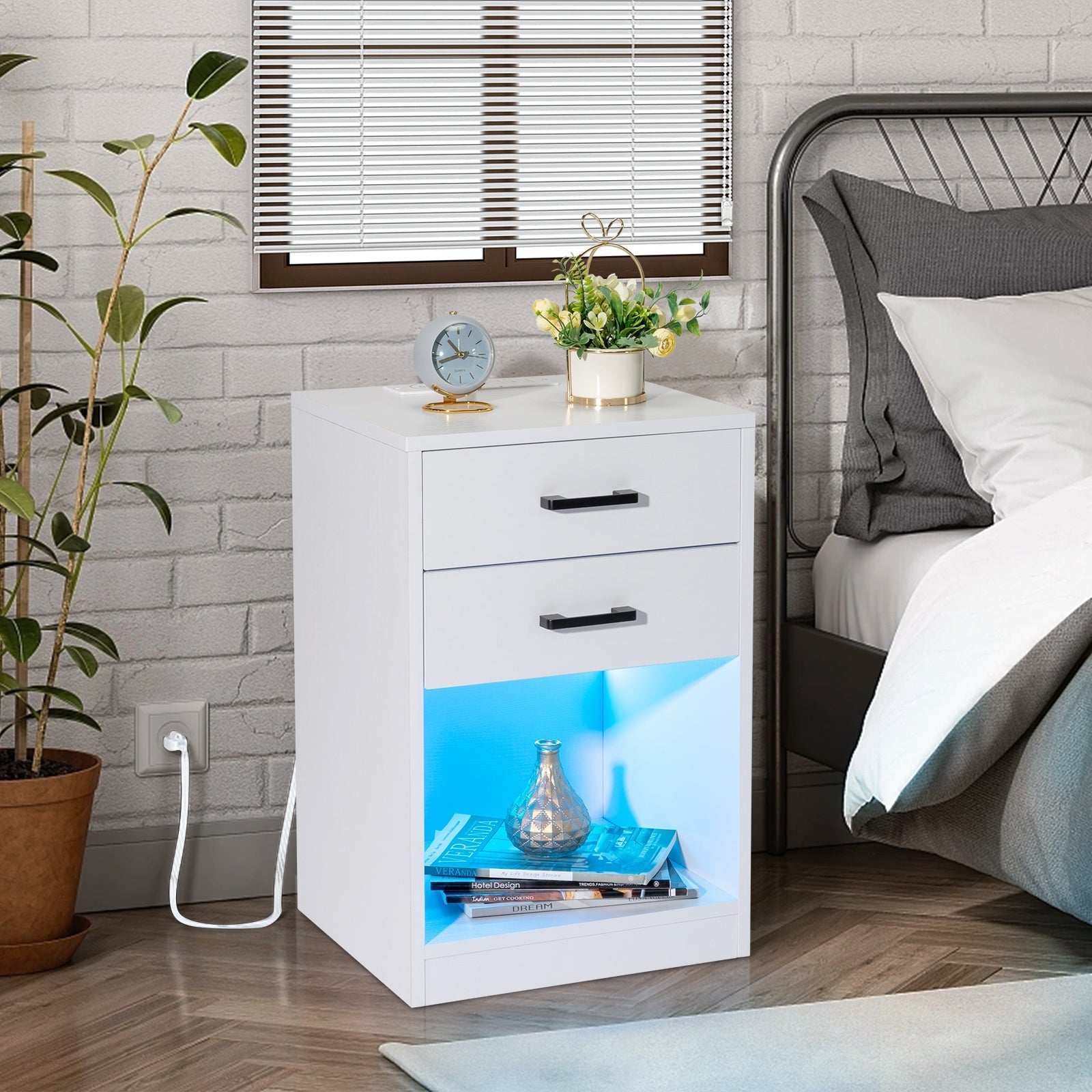 FCH 40*35*60cm Particleboard Pasted Triamine Two Drawers With Socket With LED Light Bedside Table White MLNshops]