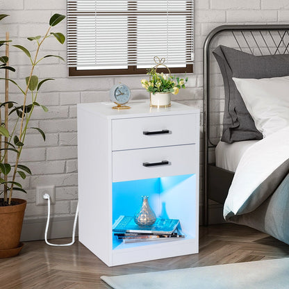 FCH 40*35*60cm Particleboard Pasted Triamine Two Drawers With Socket With LED Light Bedside Table White MLNshops]