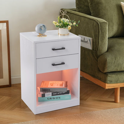 FCH 40*35*60cm Particleboard Pasted Triamine Two Drawers With Socket With LED Light Bedside Table White MLNshops]