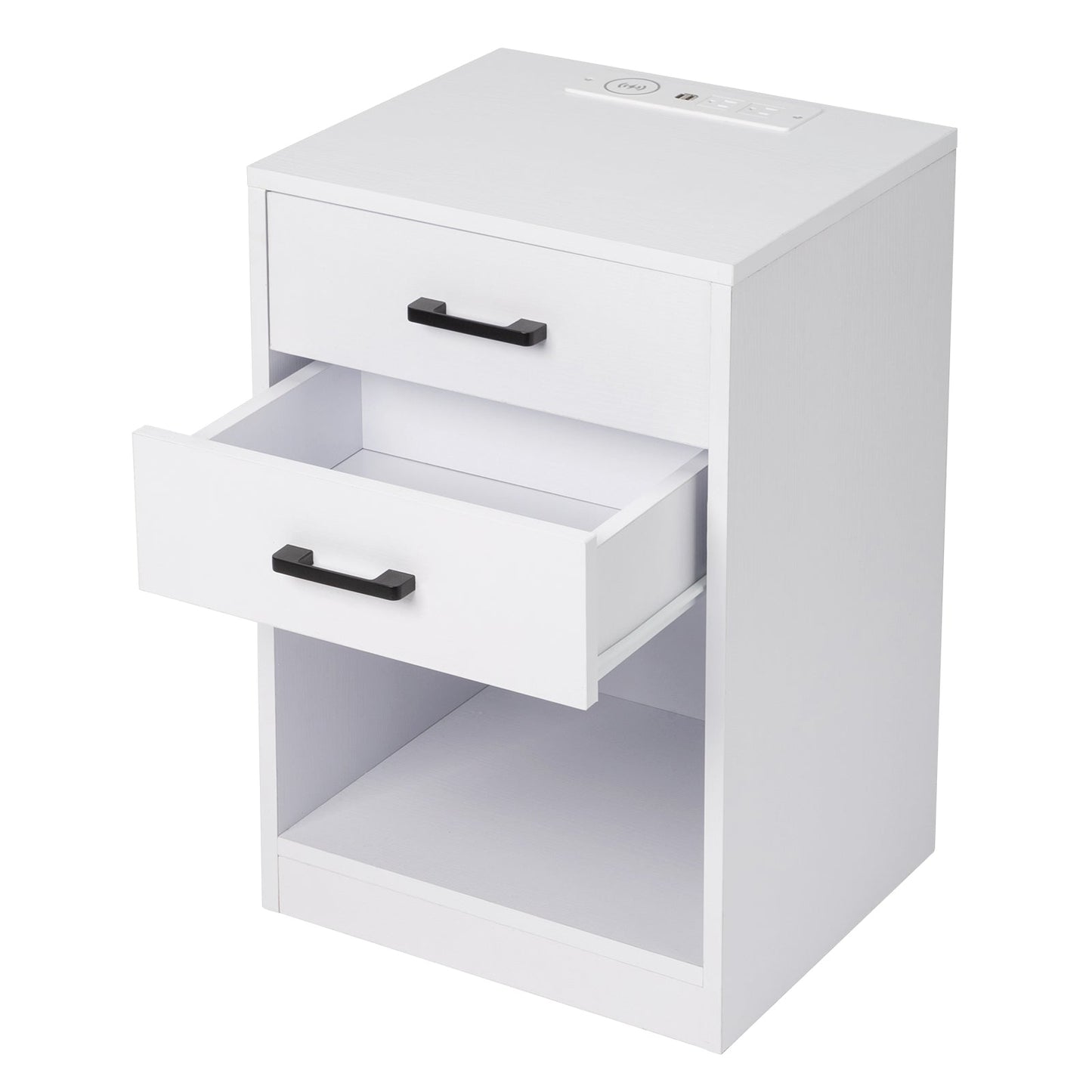 FCH 40*35*60cm Particleboard Pasted Triamine Two Drawers With Socket With LED Light Bedside Table White MLNshops]