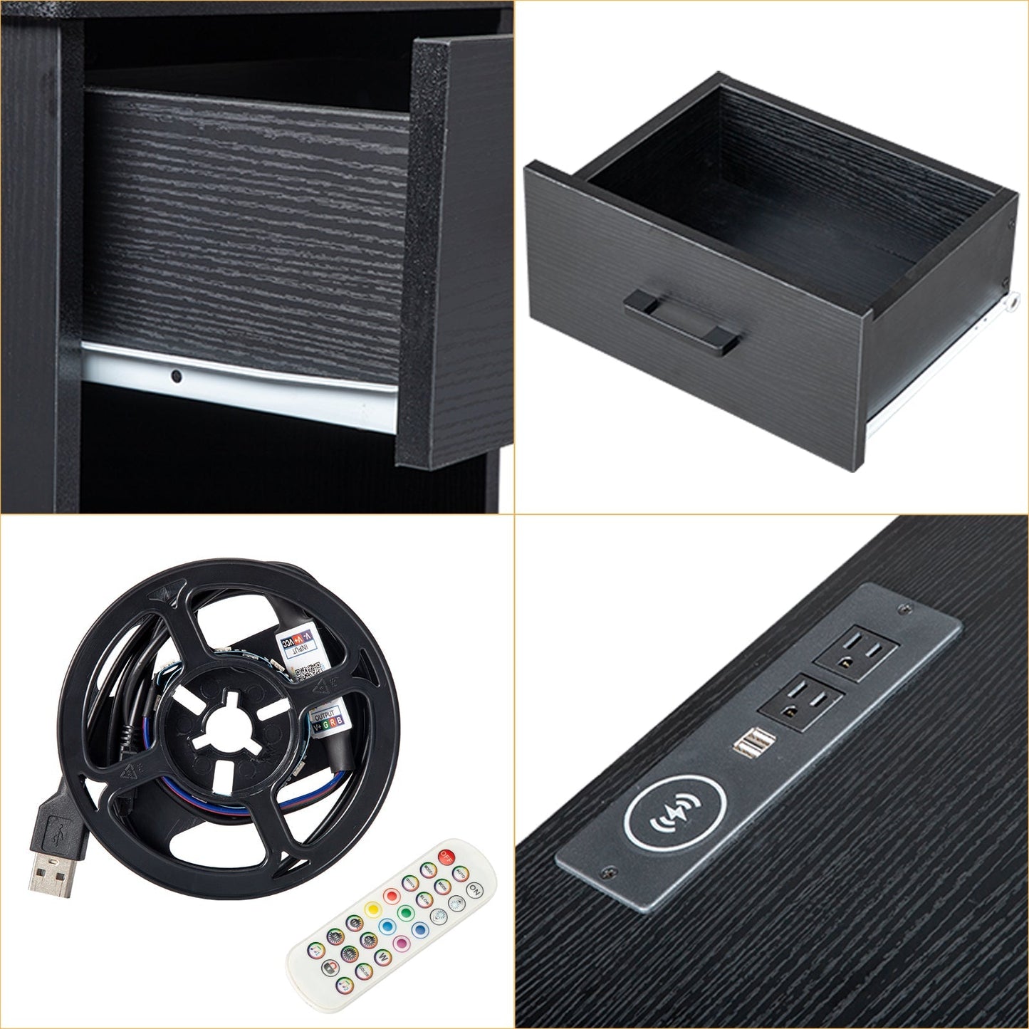 FCH 40*35*60cm Particleboard Pasted Triamine Two Drawers With Socket With LED Light Bedside Table Black MLNshops]