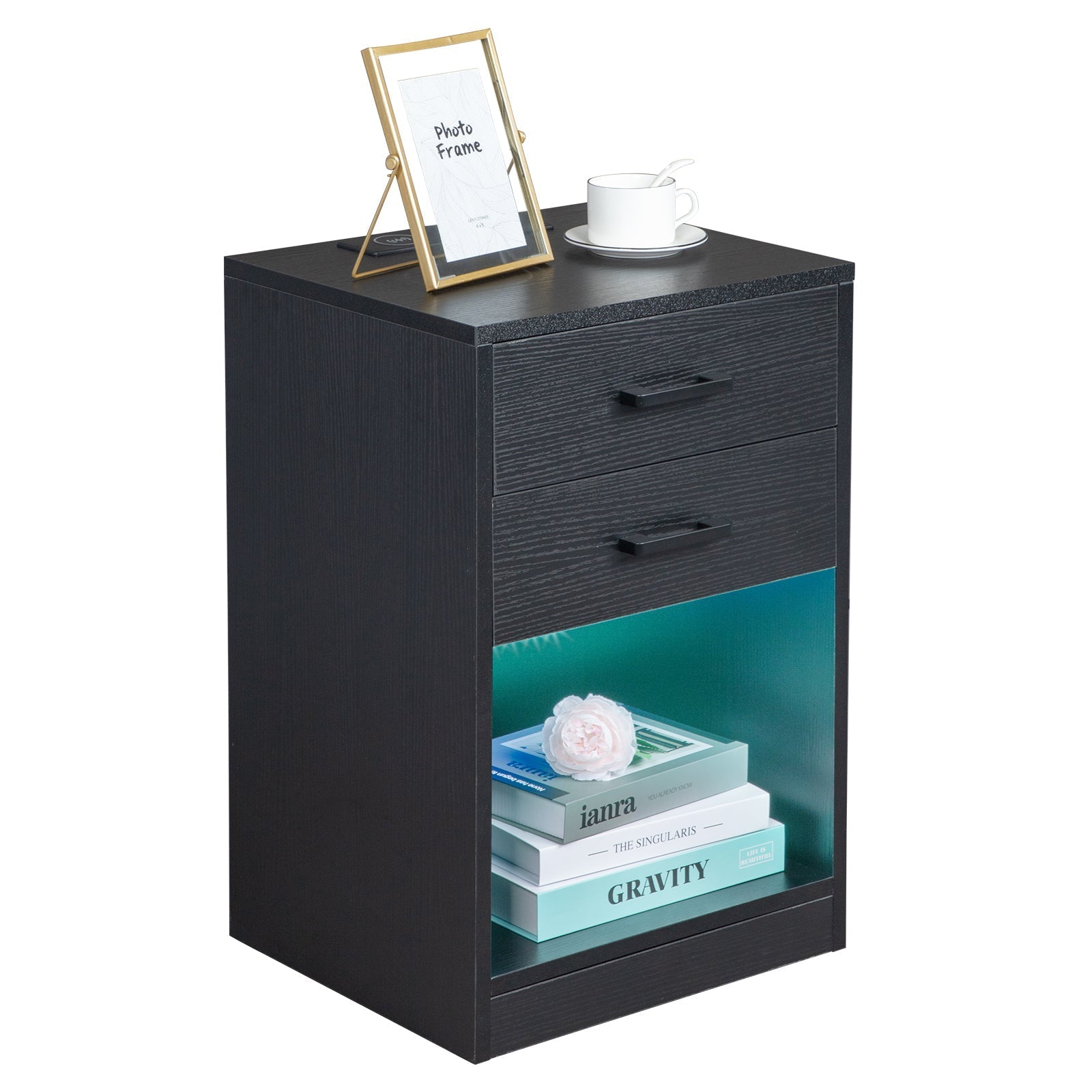 FCH 40*35*60cm Particleboard Pasted Triamine Two Drawers With Socket With LED Light Bedside Table Black MLNshops]