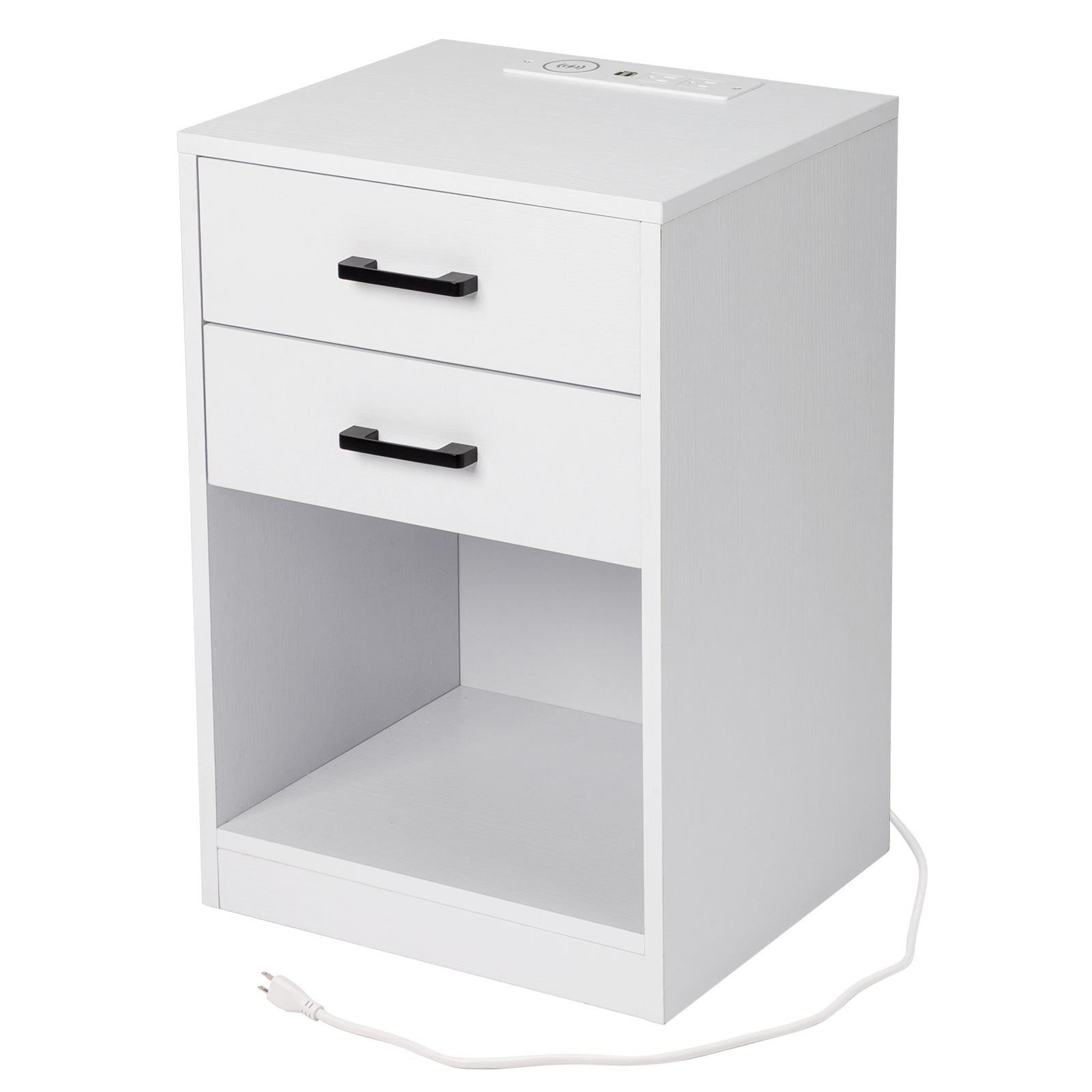 FCH 40*35*60cm Particleboard Pasted Triamine Two Drawers With Socket With LED Light Bedside Table White MLNshops]