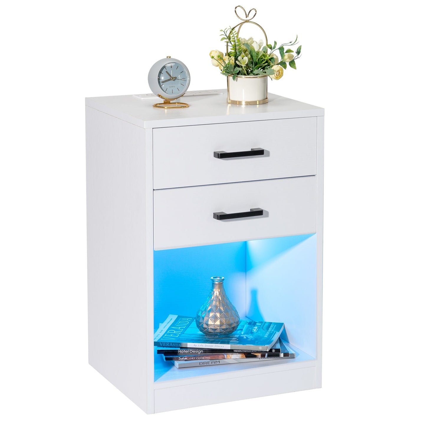 FCH 40*35*60cm Particleboard Pasted Triamine Two Drawers With Socket With LED Light Bedside Table White MLNshops]