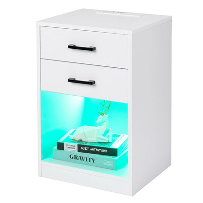 FCH 40*35*60cm Particleboard Pasted Triamine Two Drawers With Socket With LED Light Bedside Table White MLNshops]