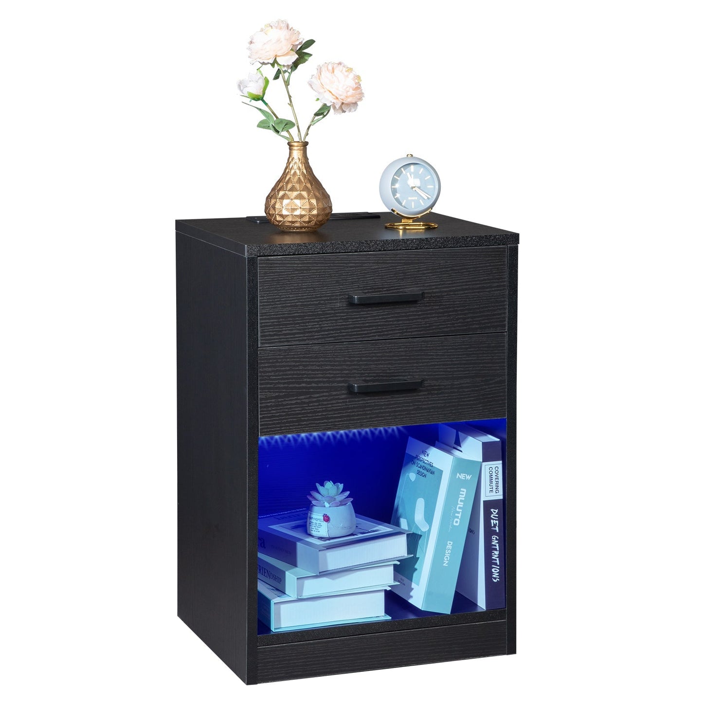 FCH 40*35*60cm Particleboard Pasted Triamine Two Drawers With Socket With LED Light Bedside Table Black MLNshops]