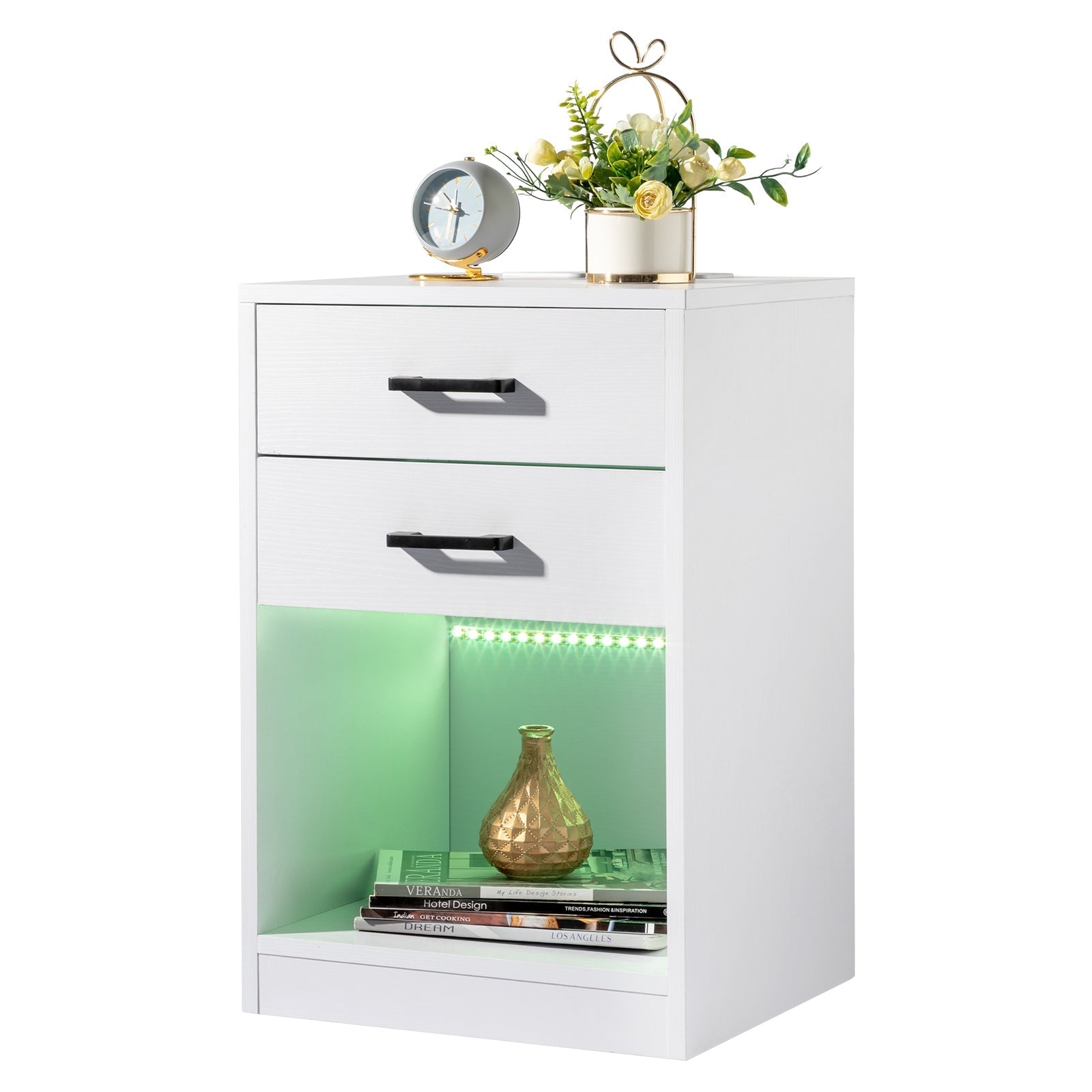 FCH 40*35*60cm Particleboard Pasted Triamine Two Drawers With Socket With LED Light Bedside Table White MLNshops]