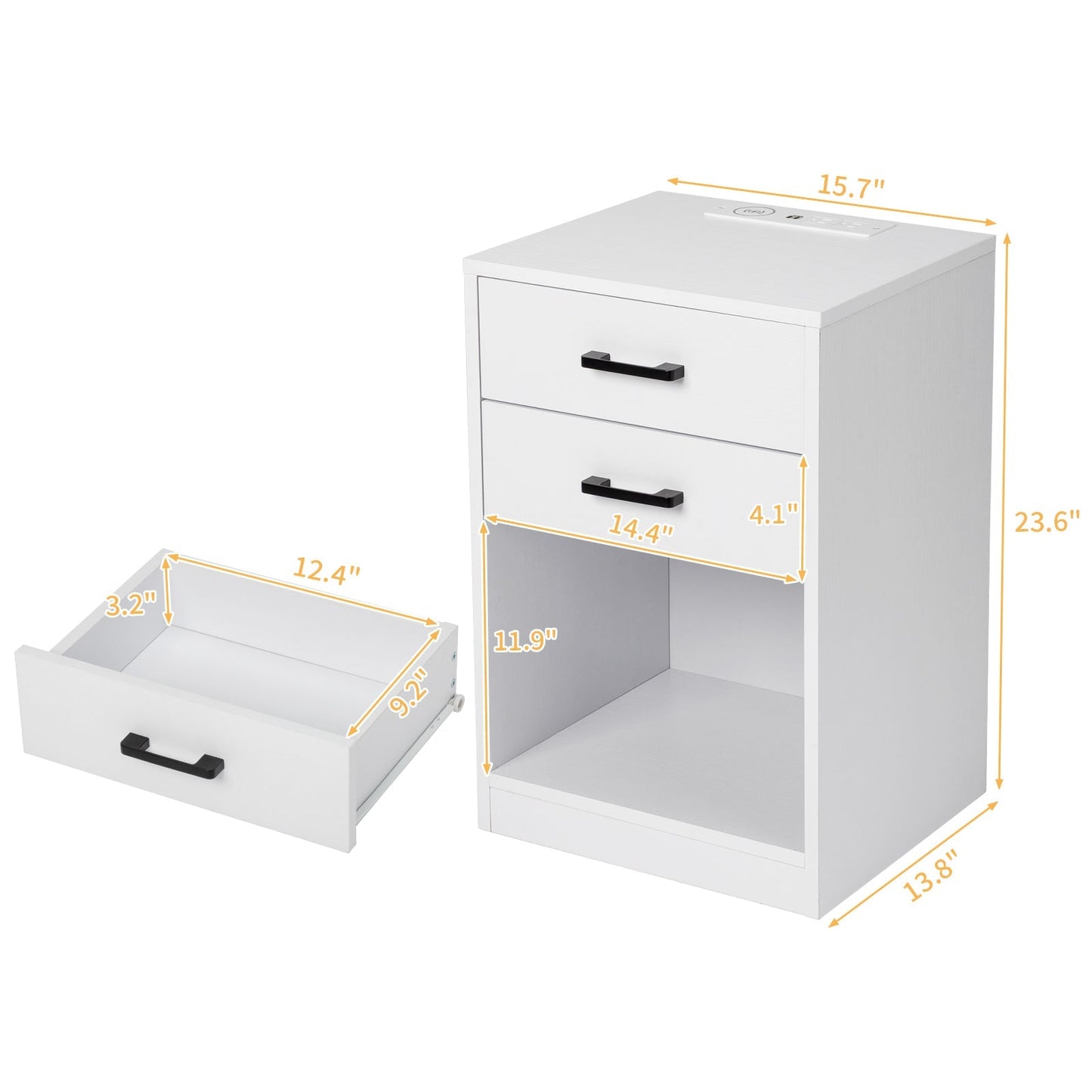 FCH 40*35*60cm Particleboard Pasted Triamine Two Drawers With Socket With LED Light Bedside Table White MLNshops]