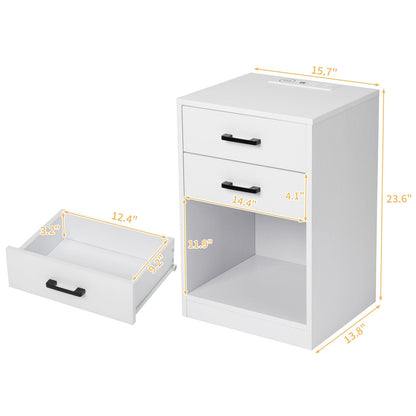 FCH 40*35*60cm Particleboard Pasted Triamine Two Drawers With Socket With LED Light Bedside Table White MLNshops]