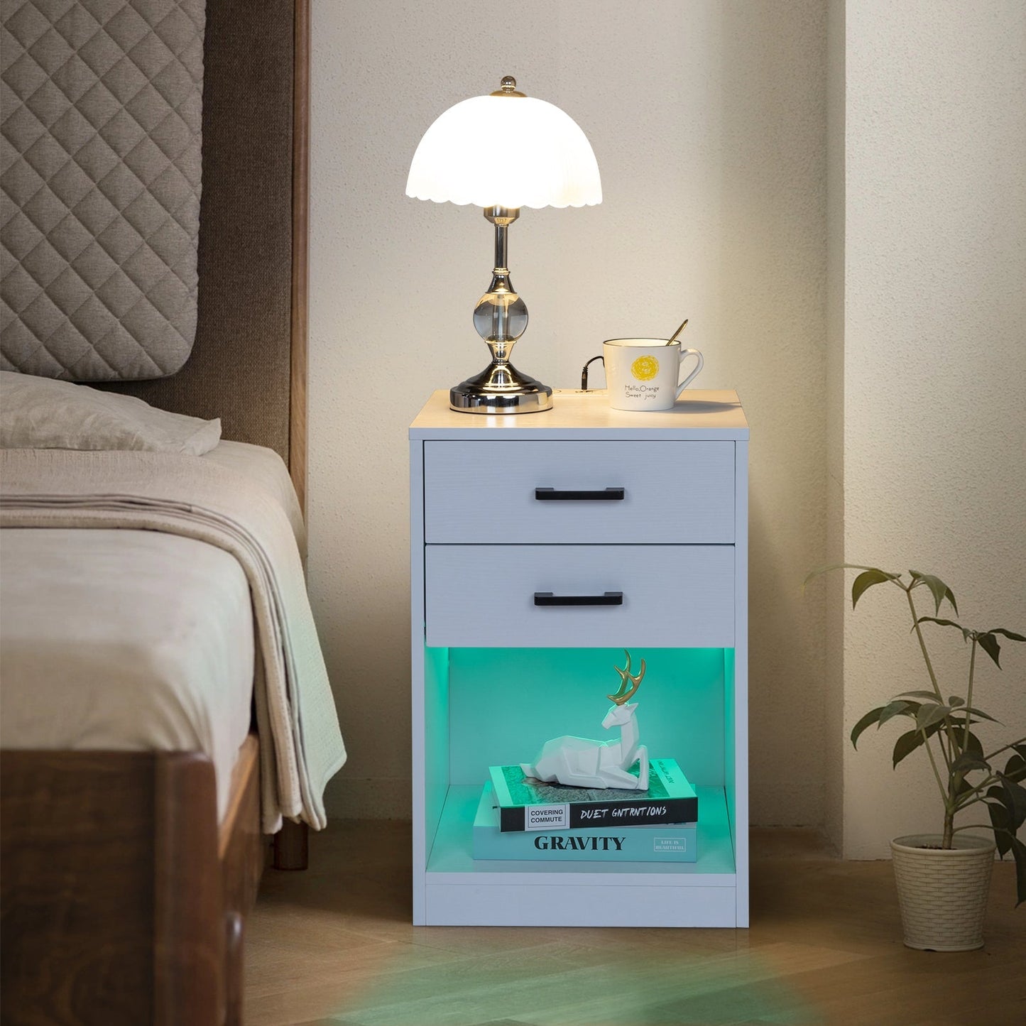 FCH 40*35*60cm Particleboard Pasted Triamine Two Drawers With Socket With LED Light Bedside Table White MLNshops]