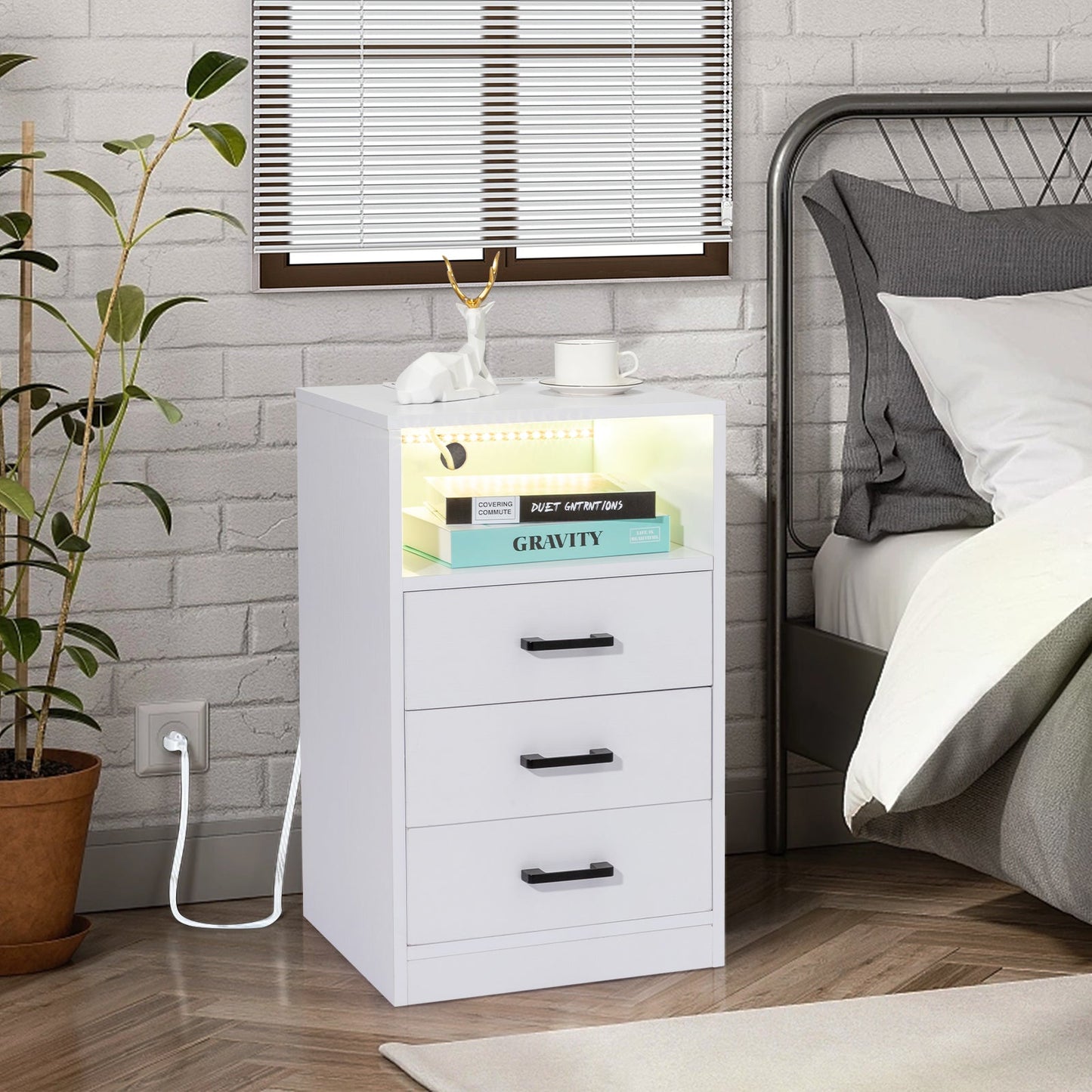 FCH 40*35*65cm Particleboard Pasted Triamine Three Drawers With Socket With LED Light Bedside Table White MLNshops]