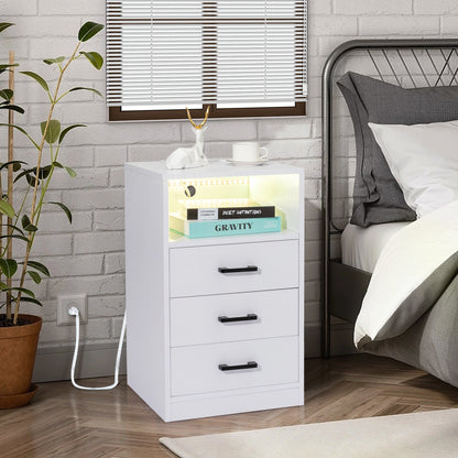 FCH 40*35*65cm Particleboard Pasted Triamine Three Drawers With Socket With LED Light Bedside Table White MLNshops]