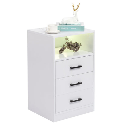 FCH 40*35*65cm Particleboard Pasted Triamine Three Drawers With Socket With LED Light Bedside Table White MLNshops]