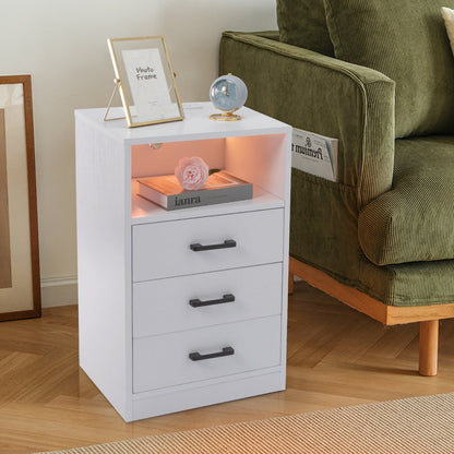 FCH 40*35*65cm Particleboard Pasted Triamine Three Drawers With Socket With LED Light Bedside Table White MLNshops]