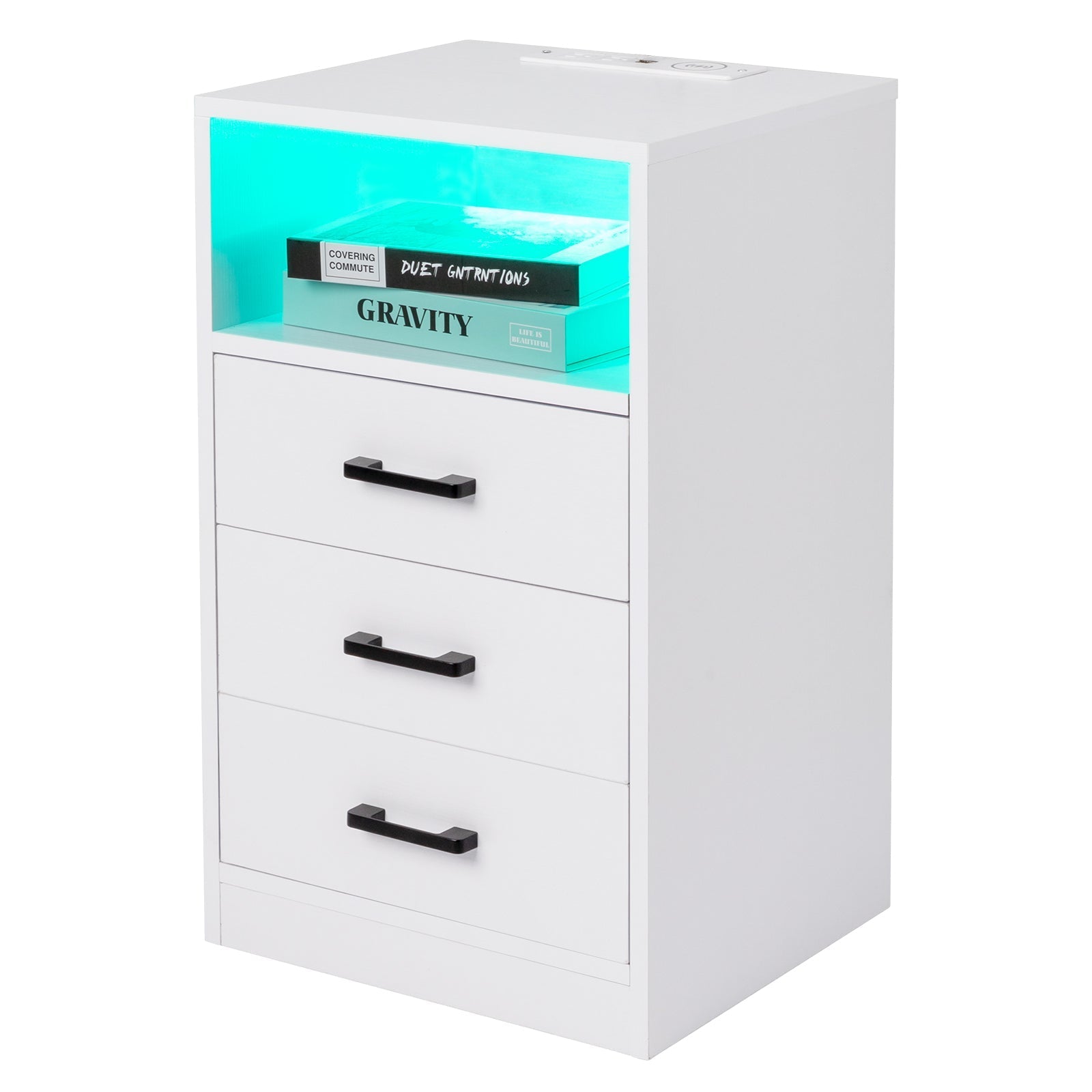 FCH 40*35*65cm Particleboard Pasted Triamine Three Drawers With Socket With LED Light Bedside Table White MLNshops]