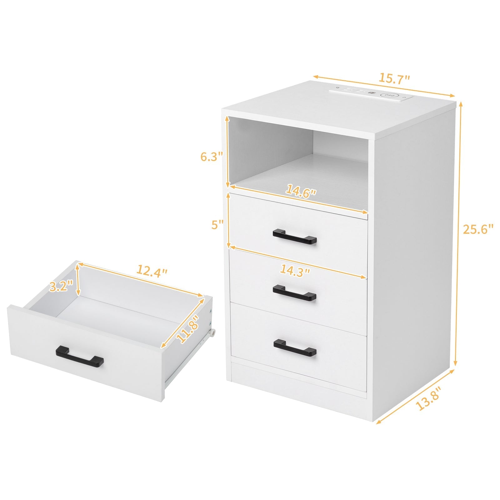 FCH 40*35*65cm Particleboard Pasted Triamine Three Drawers With Socket With LED Light Bedside Table White MLNshops]