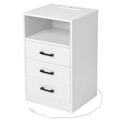 FCH 40*35*65cm Particleboard Pasted Triamine Three Drawers With Socket With LED Light Bedside Table White MLNshops]