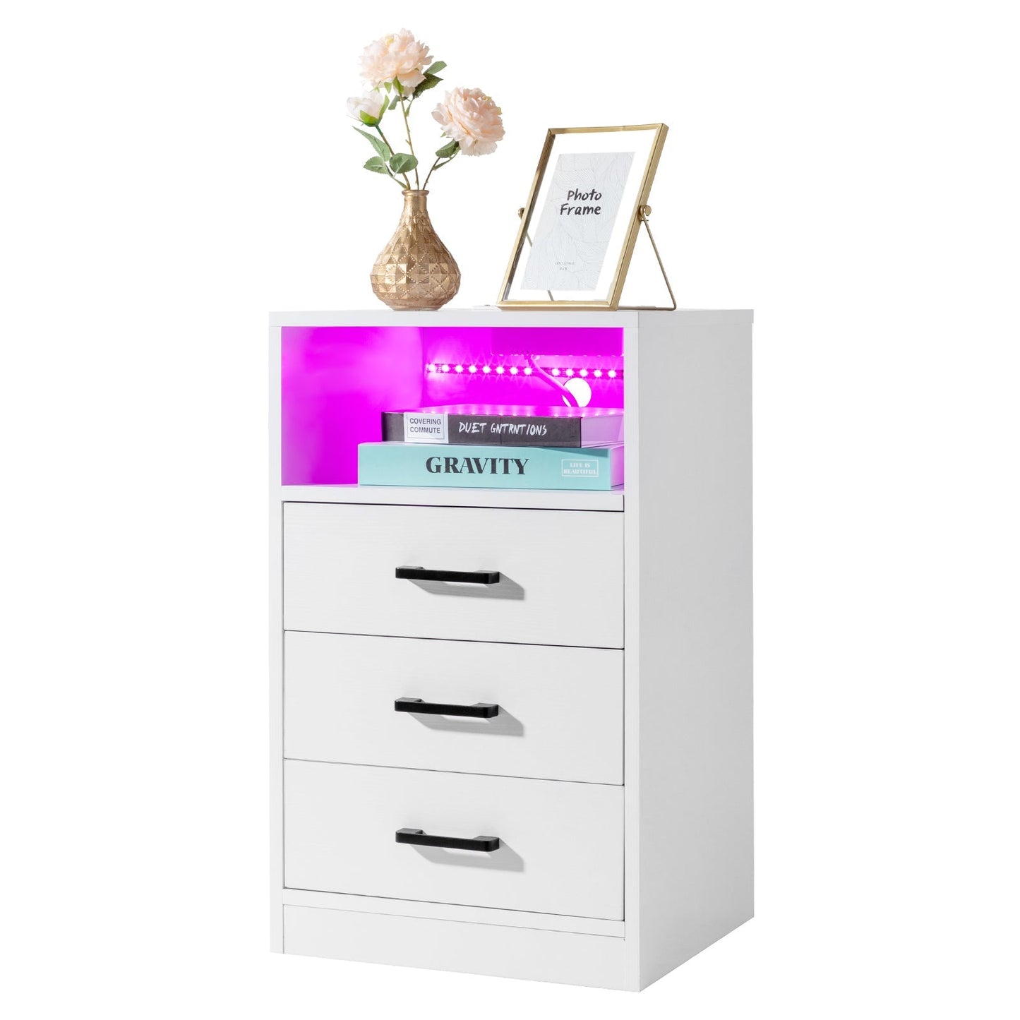 FCH 40*35*65cm Particleboard Pasted Triamine Three Drawers With Socket With LED Light Bedside Table White MLNshops]