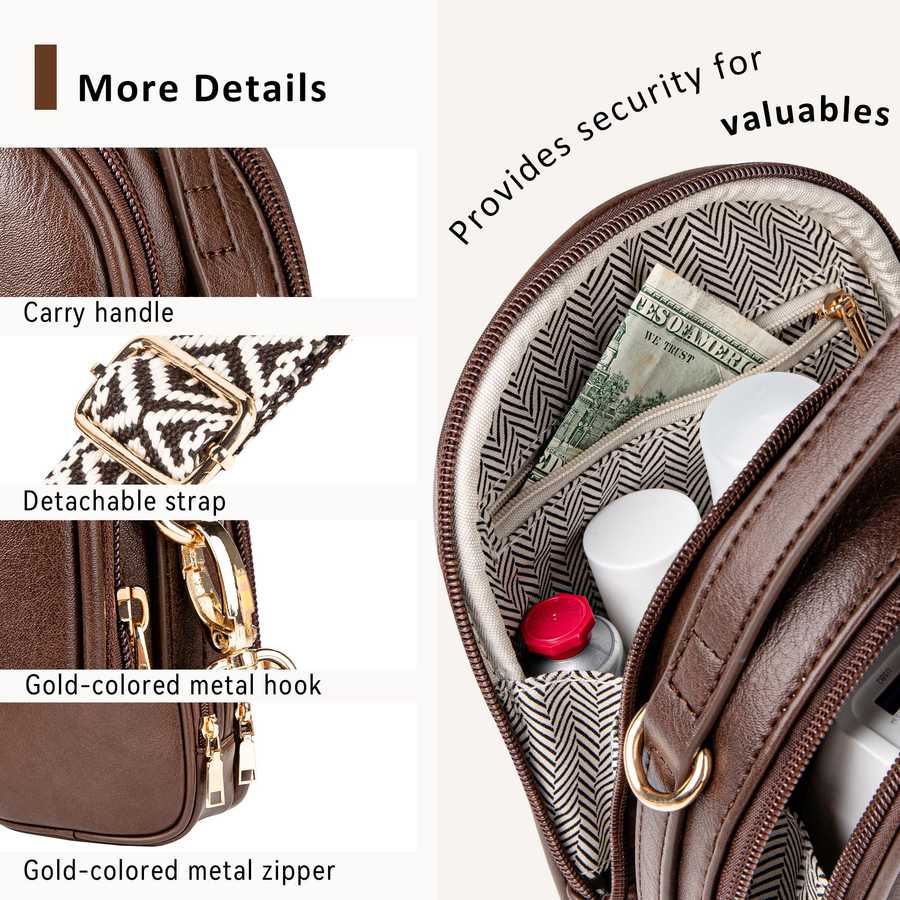 Brown leather bag with features labeled and contents inside.