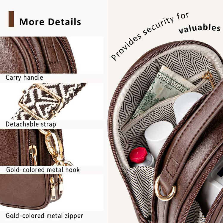 Brown leather bag with features labeled and contents inside.