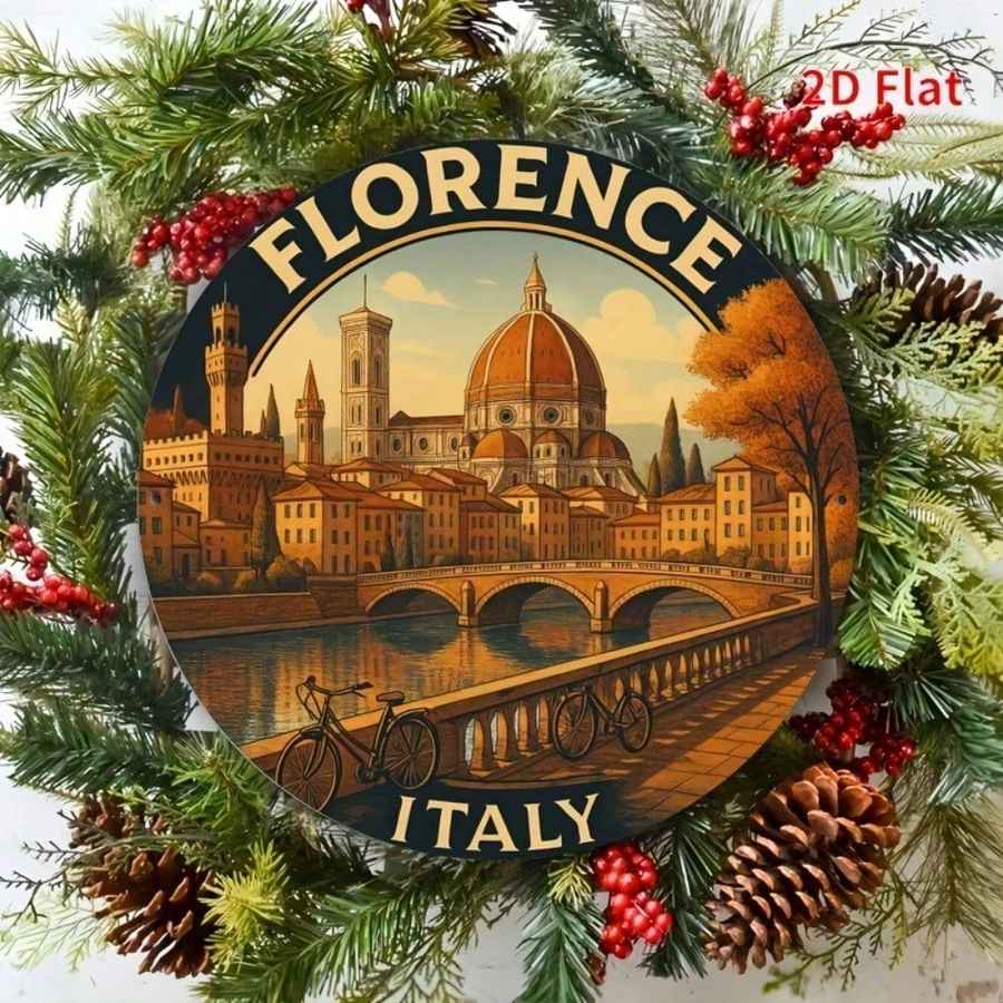 A round decorative sign featuring an illustrated scene of Florence, Italy, with the dome of the cathedral, bridge, river, and bicycles. The sign is surrounded by a festive wreath of pine branches, red berries, and pinecones, with the words &