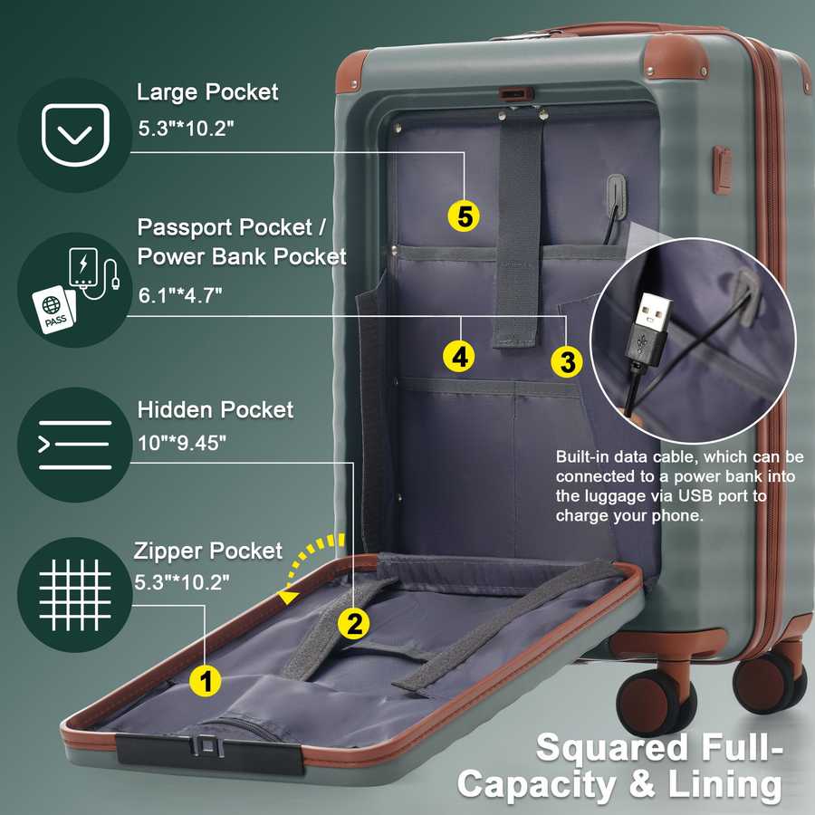 Luggage Sets 5 Piece with Front Opening , Hardside Expandable Carry on Suitcase with Spinner Wheels TSA Lock USB Port Cup Holder Duffel Bag and Toiletry Bag