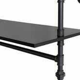 Close-up of black metal pipe fittings on industrial clothes rack with adjustable height, supporting shelves and LED lighting