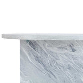 Side profile of MDF white round coffee table with Nordic flair, showing clean lines and marble-inspired finish.
