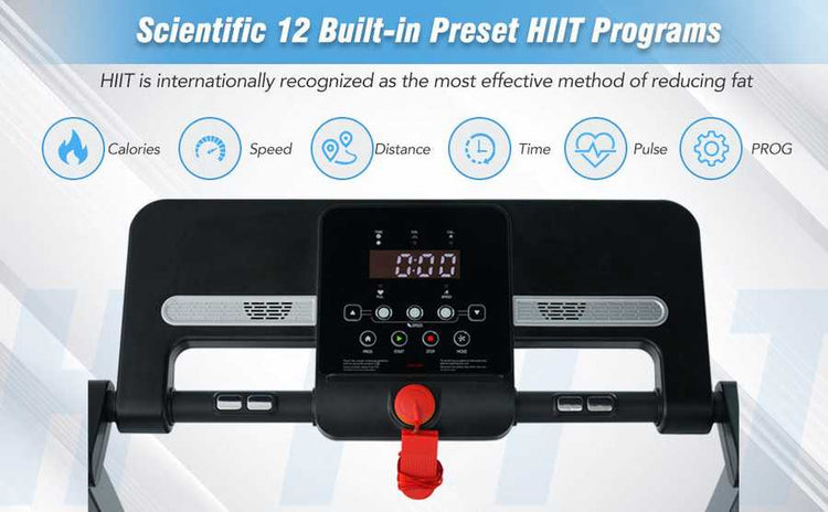 HIIT treadmill control panel with digital display and foldable design