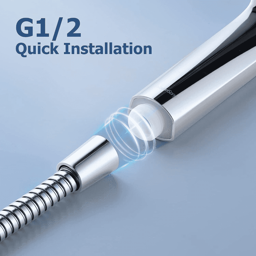 Chrome water hose with quick installation feature on a light blue background
