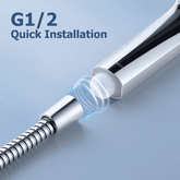 Chrome water hose with quick installation feature on a light blue background