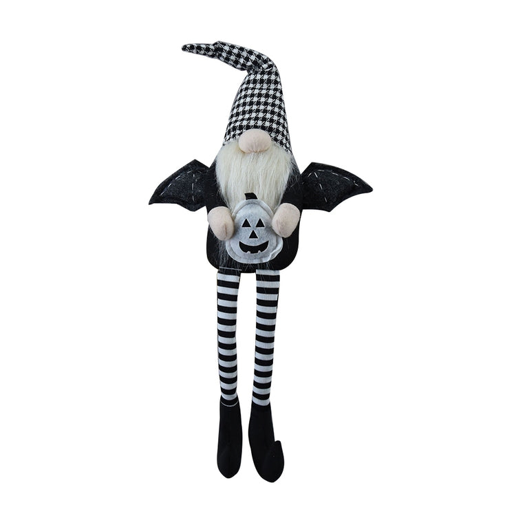 Halloween-themed gnome with bat wings and striped legs on a white background
