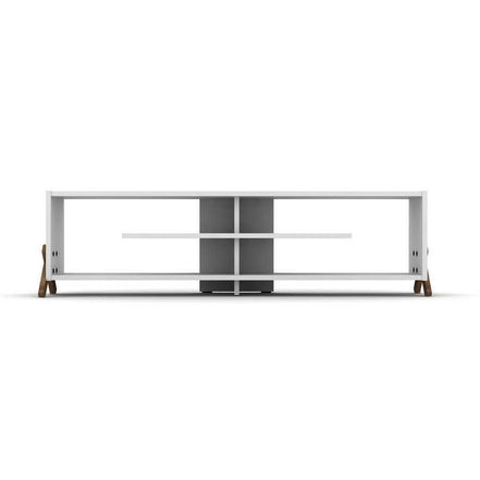 Mid Century Modern TV Stand - 57 Inch & Open Storage Unit featuring minimalist white design with four open shelves and wood legs.