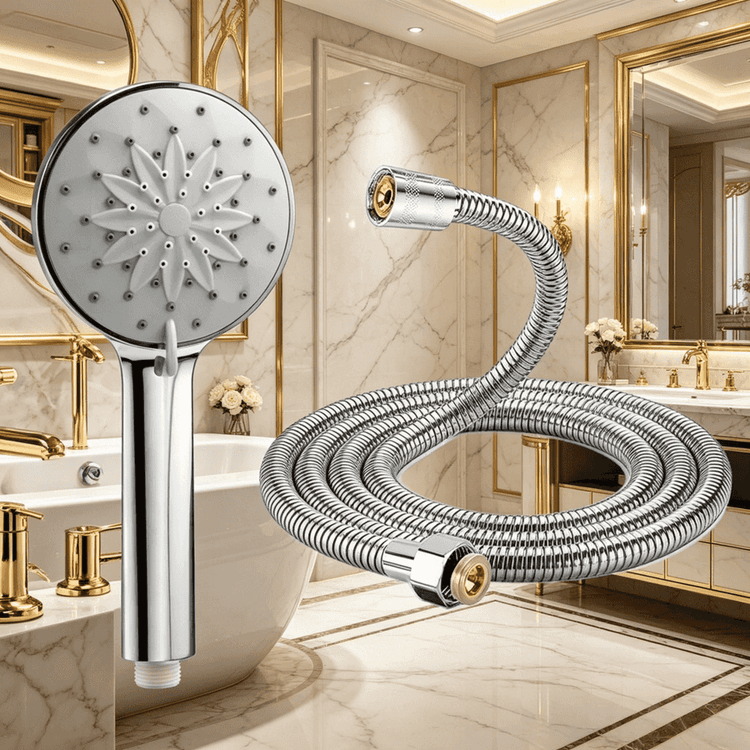 Chrome shower head and flexible hose with a bathroom setting in the background