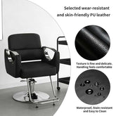 Black salon chair with leather texture and waterproof features on a white background