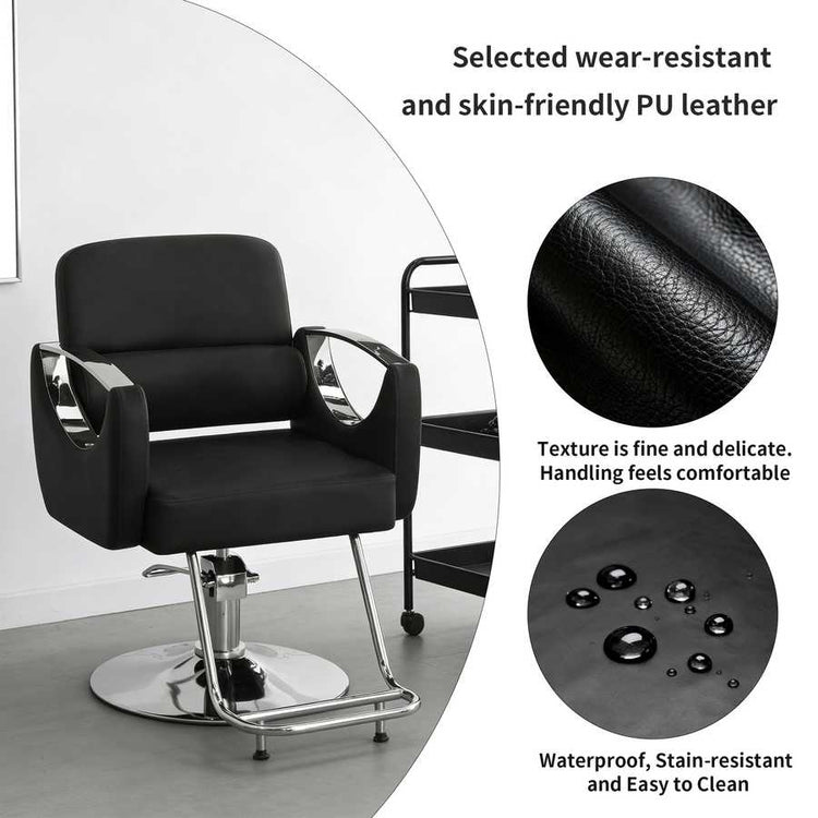 Black salon chair with leather texture and waterproof features on a white background