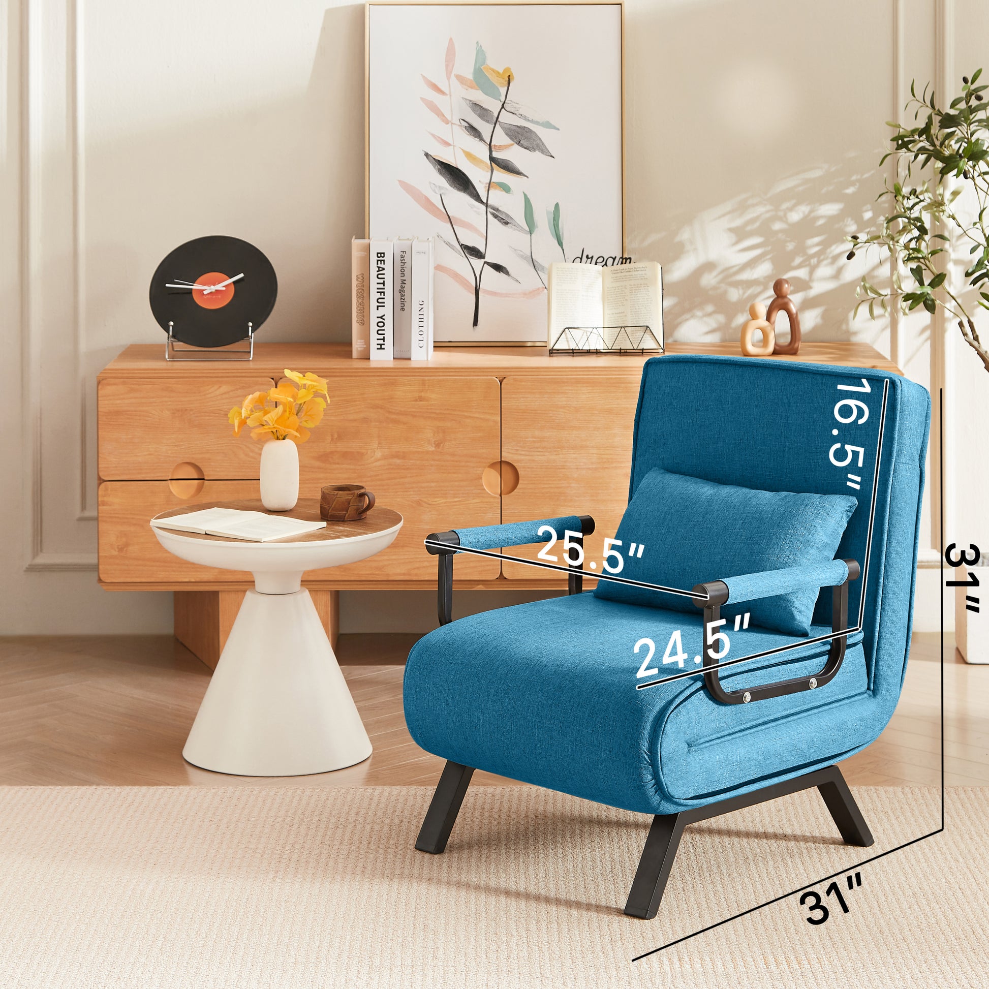 Convertible Folding Chair Bed in upright position with labeled dimensions, perfect for compact living and multifunctional furniture needs.