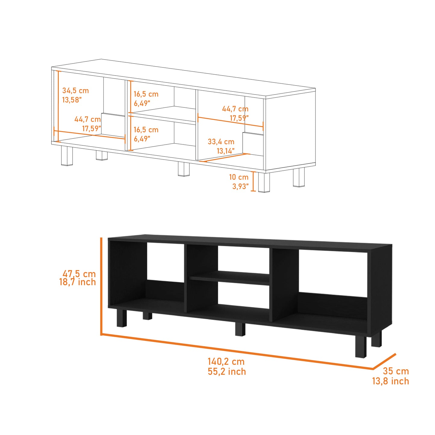 Hoven TV stand with detailed measurements in cm and inches, showcasing multiple open compartments for media and decor storage.