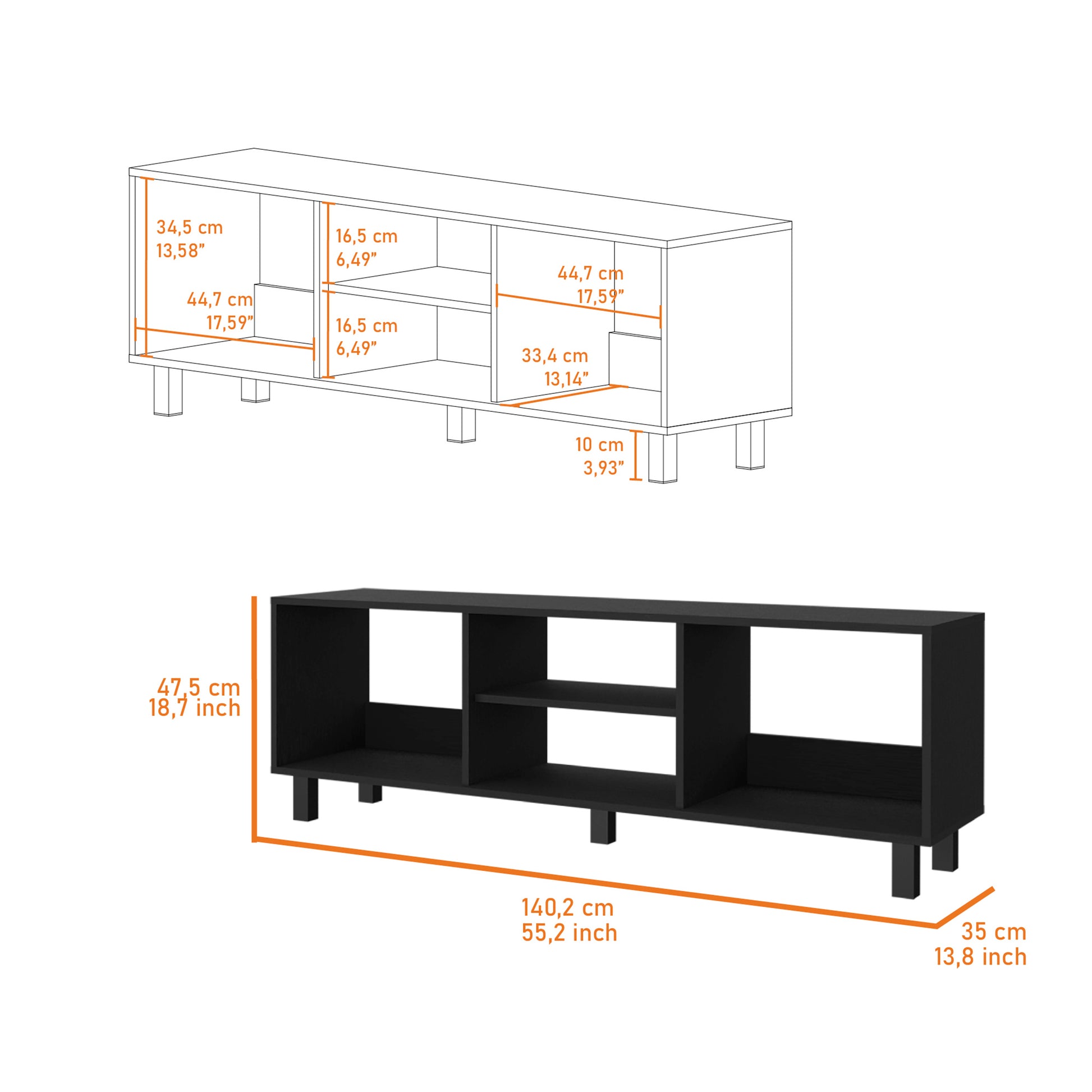 Hoven TV stand with detailed measurements in cm and inches, showcasing multiple open compartments for media and decor storage.