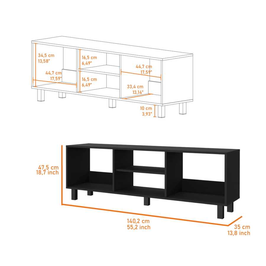 Hoven TV stand with detailed measurements in cm and inches, showcasing multiple open compartments for media and decor storage.