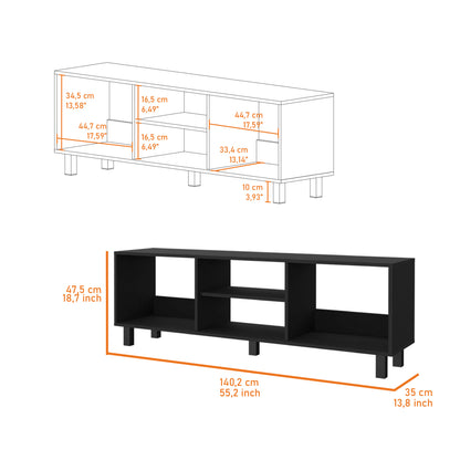 Hoven TV stand with detailed measurements in cm and inches, showcasing multiple open compartments for media and decor storage.