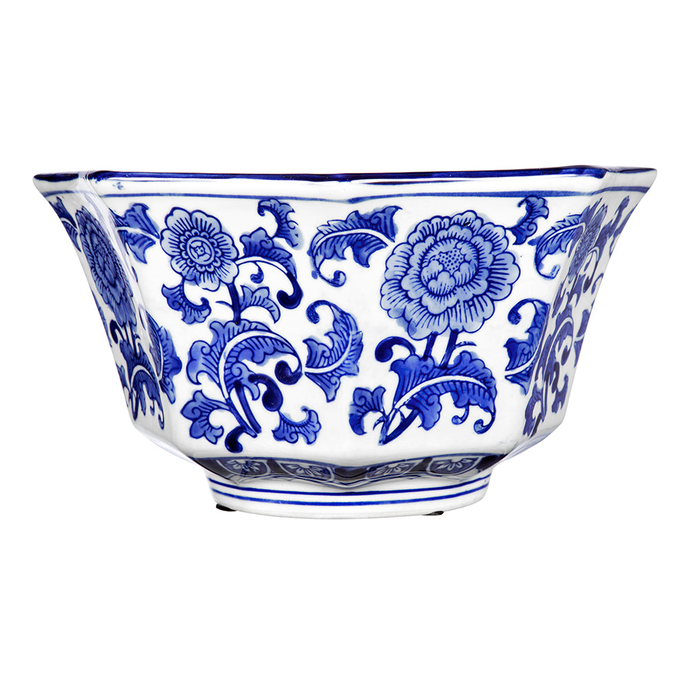 Porcelain Blue and White Decorative Bowl with elegant floral patterns, perfect for enhancing traditional kitchen or dining spaces.