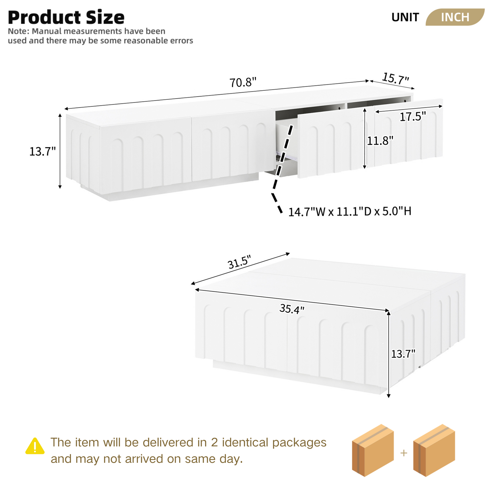 Dimensions of Modern TV Stand and Coffee Table Set with detailed measurements in inches, showing modular design and drawer depth.