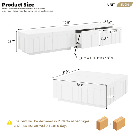 Dimensions of Modern TV Stand and Coffee Table Set with detailed measurements in inches, showing modular design and drawer depth.