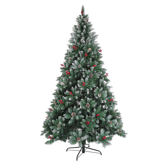 A pre-lit artificial Christmas tree with a flocked white finish, decorated with small pinecones and red berries, standing on a black metal stand against a plain white background.