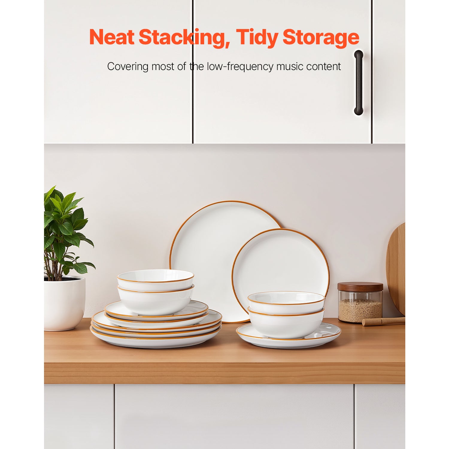 12 PCS Ceramic Dinnerware Set for 4 stacked neatly on kitchen counter, showcasing space-saving and organized storage.