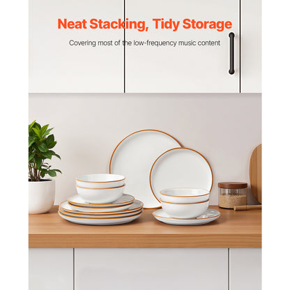 12 PCS Ceramic Dinnerware Set for 4 stacked neatly on kitchen counter, showcasing space-saving and organized storage.