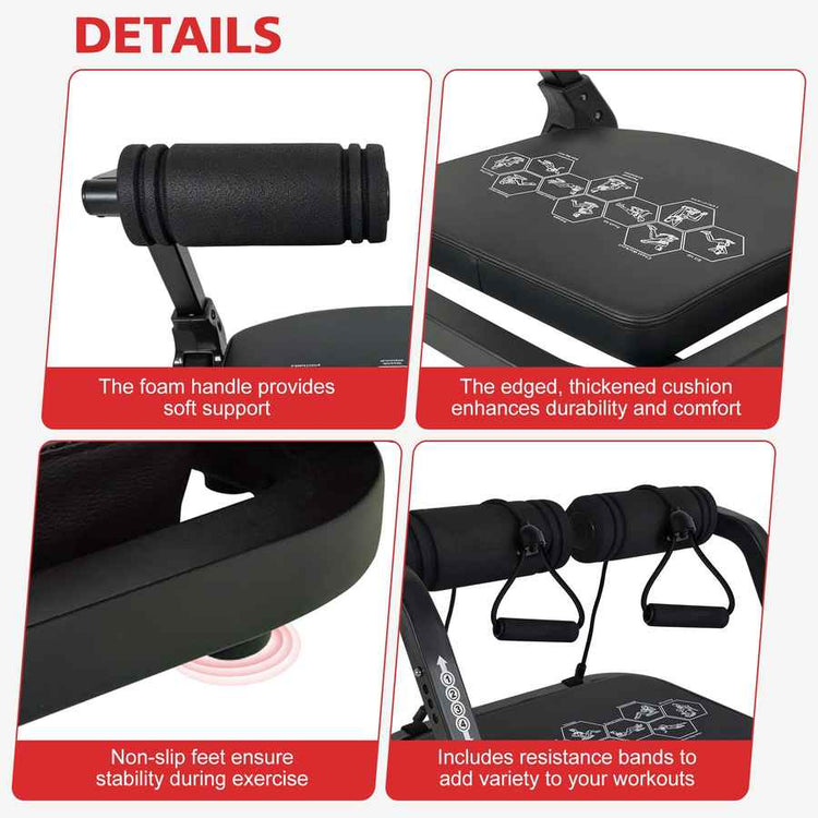 Product details of a fitness equipment with text on support features.